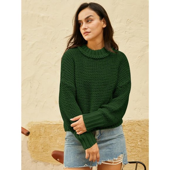 Women's Crewneck Chunky Knit Batwing Long Sleeve Loose Pullover Sweaters Tops - Picture 3 of 6